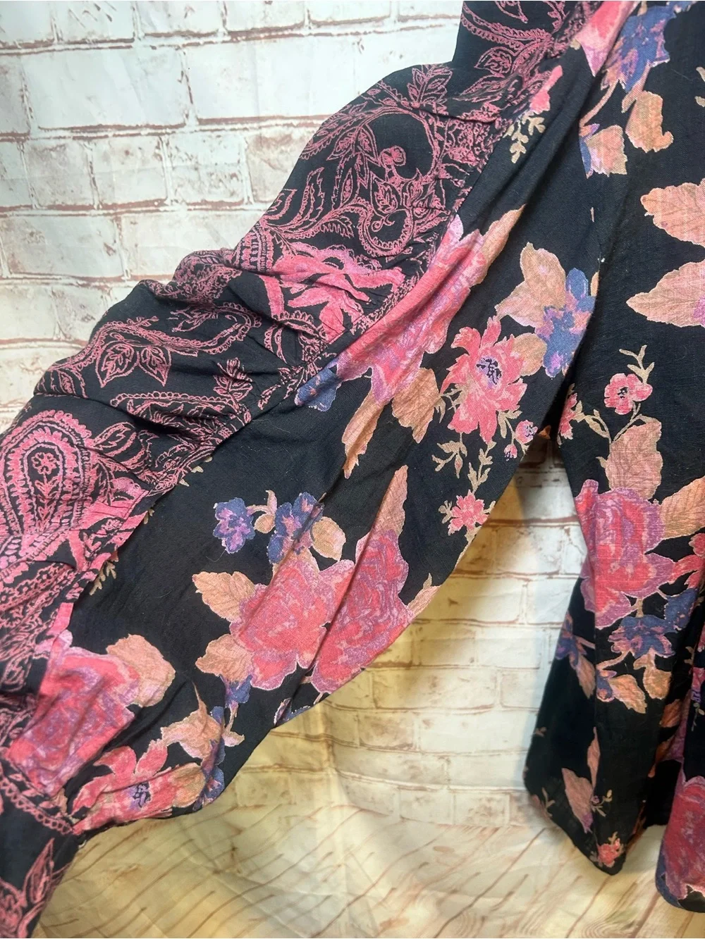 Free People Maraya Paisley Floral Blouse XL Black Multi Boho Balloon Sleeve Top